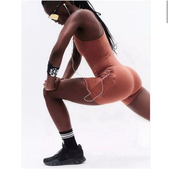 New Free People Movement Never Better Brown Runsie Racerback Romper size S - Picture 3 of 9